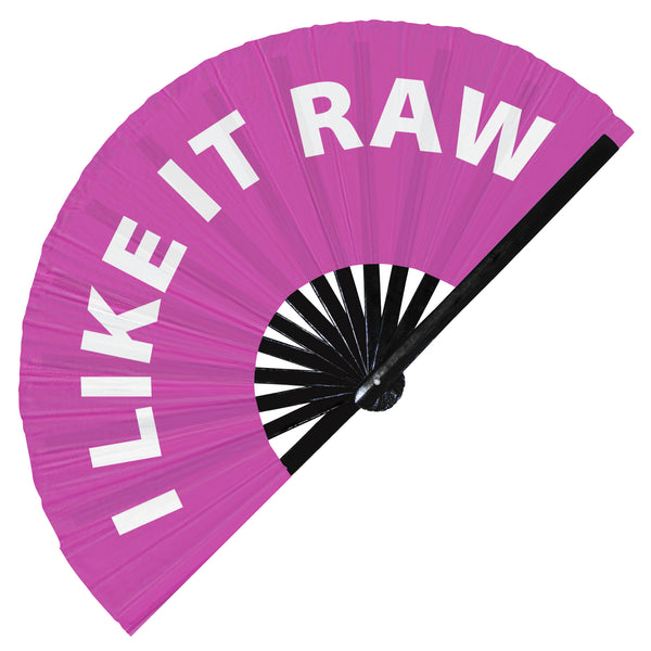 I Like It Raw Fan foldable bamboo circuit rave hand fans funny gag slang words expressions statement outfit party supply gear gifts music festival event rave accessories essential for men and women wear
