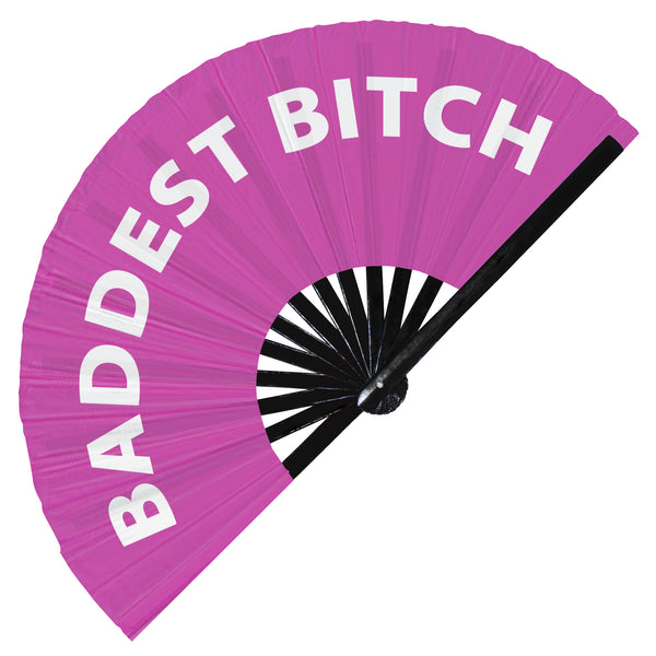 Baddest Bitch Fan foldable bamboo circuit rave hand fans funny gag slang words expressions statement outfit party supply gear gifts music festival event rave accessories essential for men and women wear