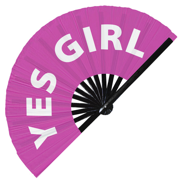 Yes girl fan foldable bamboo circuit rave hand fans funny gag slang words expressions statement outfit party supply gear gifts music festival event rave accessories essential for men and women wear