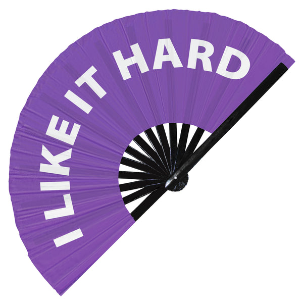 I Like it Hard Hand Fan foldable bamboo circuit rave hand fans funny gag slang words expressions statement outfit party supply gear gifts music festival event rave accessories essential for men and women wear