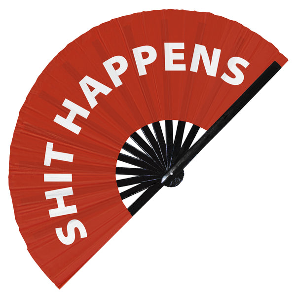 Shit Happens fan foldable bamboo circuit rave hand fans funny gag slang words expressions statement outfit party supply gear gifts music festival event rave accessories essential for men and women wear