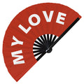 My Love Fan foldable bamboo circuit rave hand fans funny gag slang words expressions statement outfit party supply gear gifts music festival event rave accessories essential for men and women wear