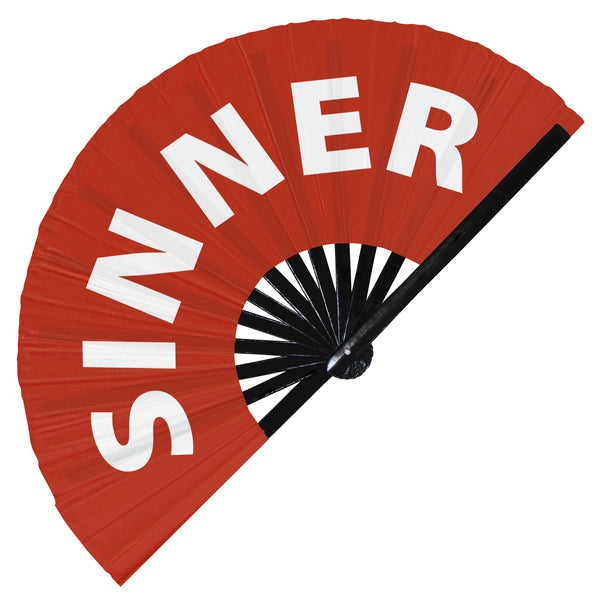 Sinner fan foldable bamboo circuit rave hand fans funny gag slang words expressions statement outfit party supply gear gifts music festival event rave accessories essential for men and women wear