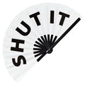 Shut It Fan foldable bamboo circuit rave hand fans funny gag slang words expressions statement outfit party supply gear gifts music festival event rave accessories essential for men and women wear