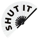 Shut It Fan foldable bamboo circuit rave hand fans funny gag slang words expressions statement outfit party supply gear gifts music festival event rave accessories essential for men and women wear