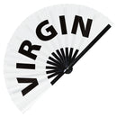 Virgin fan foldable bamboo circuit rave hand fans funny gag slang words expressions statement outfit party supply gear gifts music festival event rave accessories essential for men and women wear
