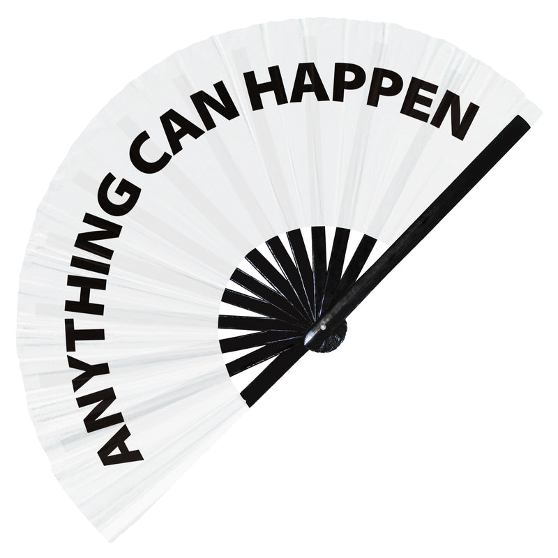 Anything Can Happen Fan foldable bamboo circuit rave hand fans funny gag slang words expressions statement outfit party supply gear gifts music festival event rave accessories essential for men and women wear