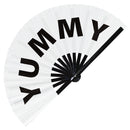 Yummy fan foldable bamboo circuit rave hand fans funny gag slang words expressions statement outfit party supply gear gifts music festival event rave accessories essential for men and women wear