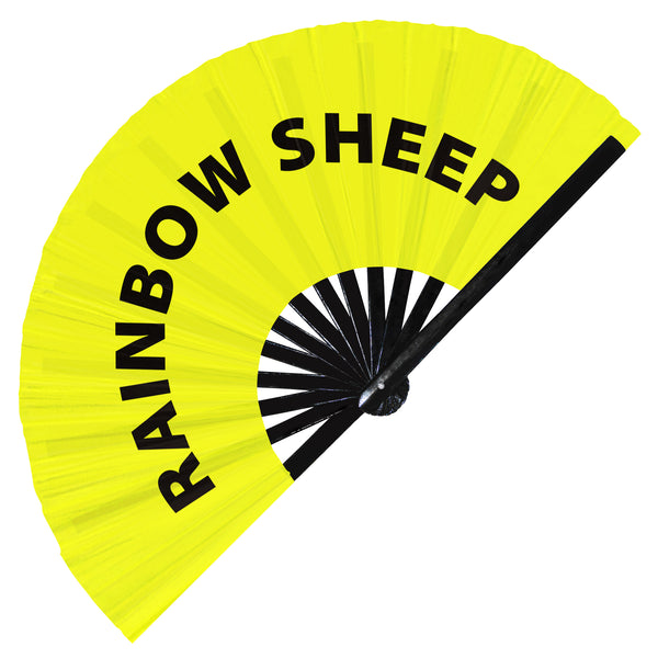 Rainbow Sheep fan foldable bamboo circuit rave hand fans funny gag slang words expressions statement outfit party supply gear gifts music festival event rave accessories essential for men and women wear
