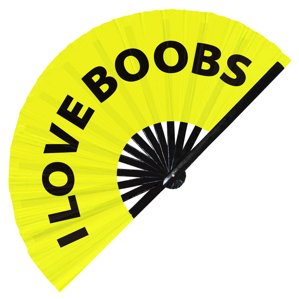 I love boobs Perfect fan foldable bamboo circuit rave hand fans funny gag curse words expressions statement Slangs outfit party supply gear gifts music festival event rave accessories essential for men and women wear