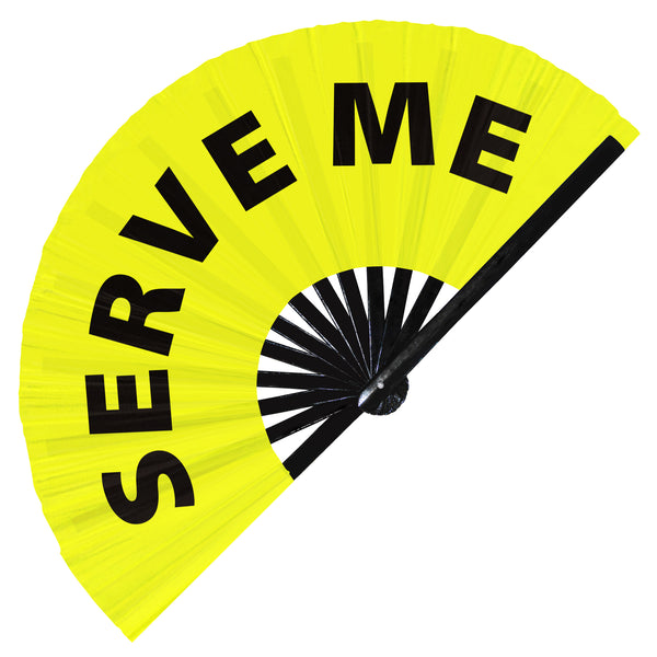 Serve Me Fan foldable bamboo circuit rave hand fans funny gag slang words expressions statement outfit party supply gear gifts music festival event rave accessories essential for men and women wear