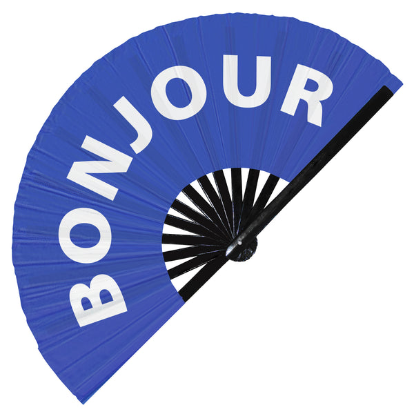 Bonjour hand fan foldable bamboo circuit rave hand fans funny gag french words expressions statement Slangs outfit party supply gear gifts music festival event rave accessories essential for men and women wear