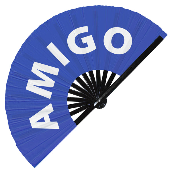 Amigo Friend Spanish Words hand fan foldable bamboo circuit rave hand fans Popular Spanish Mexican Slangs outfit party supply gear gifts music festival event rave accessories essential for men and women wear