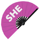 She Pronouns Bamboo Hand Fan