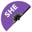 She Pronouns Bamboo Hand Fan