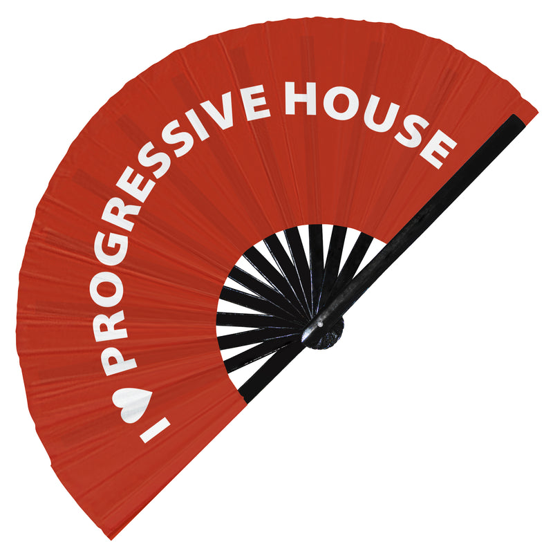 I Love Progressive House Hand Fan Foldable Bamboo Circuit Rave Heart Music Genre Rave Parties Gifts Festival Accessories