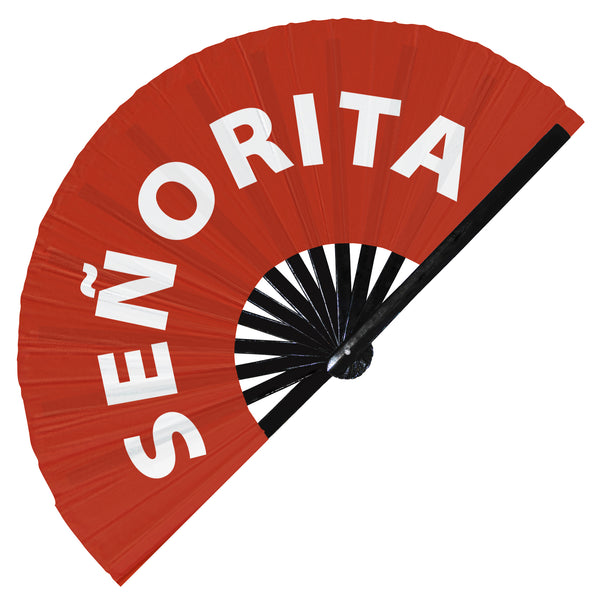 Señorita senorita miss Spanish Words hand fan foldable bamboo circuit rave hand fans Popular Spanish Mexican Slangs outfit party supply gear gifts music festival event rave accessories essential for men and women wear