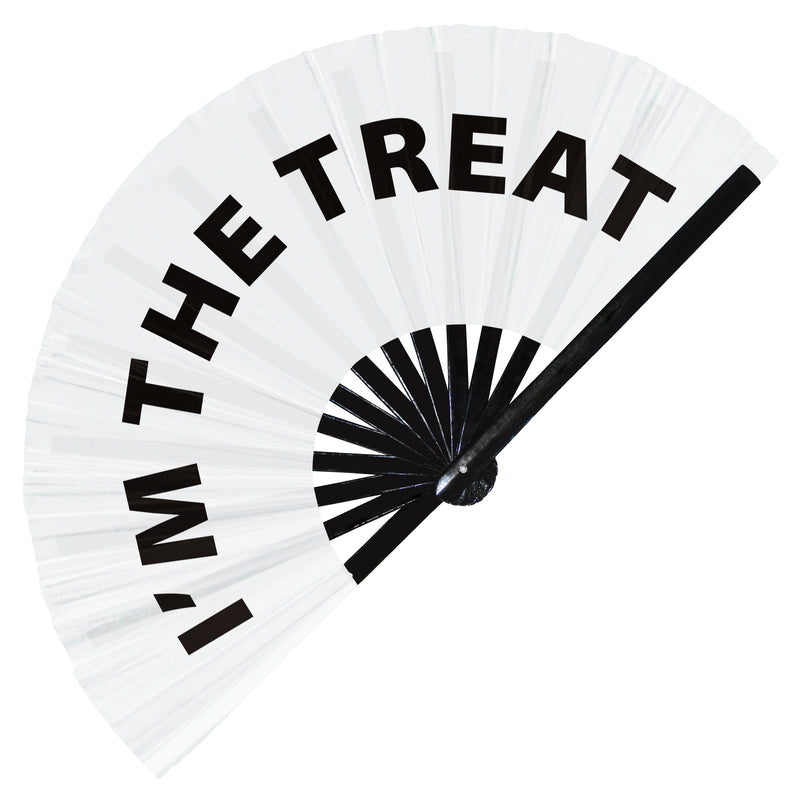 I'm The Treat Hand Fan Foldable Bamboo Trick or Treat Halloween Circuit Rave Hand Fans Outfit Party Gear Gifts Music Festival Rave Concerts Accessories for Men and Women