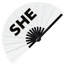She Pronouns Bamboo Hand Fan