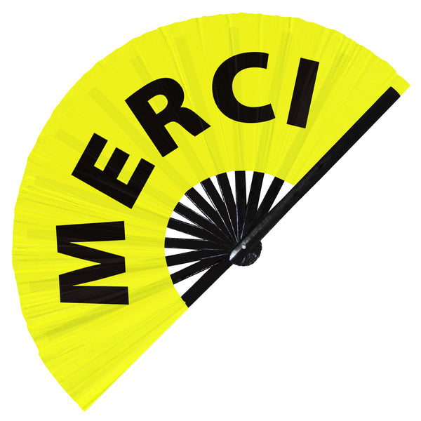 Merci hand fan foldable bamboo circuit rave hand fans funny gag french words expressions statement Slangs outfit party supply gear gifts music festival event rave accessories essential for men and women wear
