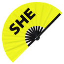 She Pronouns Bamboo Hand Fan