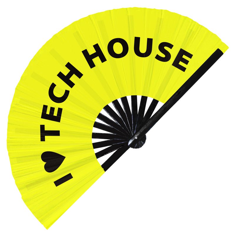 I Love Tech House Hand Fan Foldable Bamboo Circuit Rave Hand Fans Heart Music Genre Rave Parties Gifts Festival Accessories