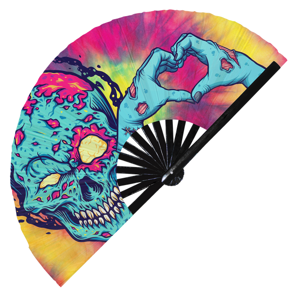 Zombie hand fan foldable bamboo circuit rave hand fans colorful Creepy zombie head melt acid mascot illustrations cartoon horror undead zombies halloween  outfit party gear gifts music festival rave 