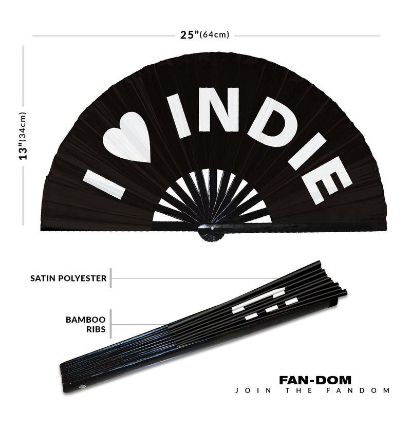 I Love Indie Hand Fan Foldable Bamboo Circuit Rave Hand Fans Heart Music Genre Rave Parties Gifts Festival Accessories