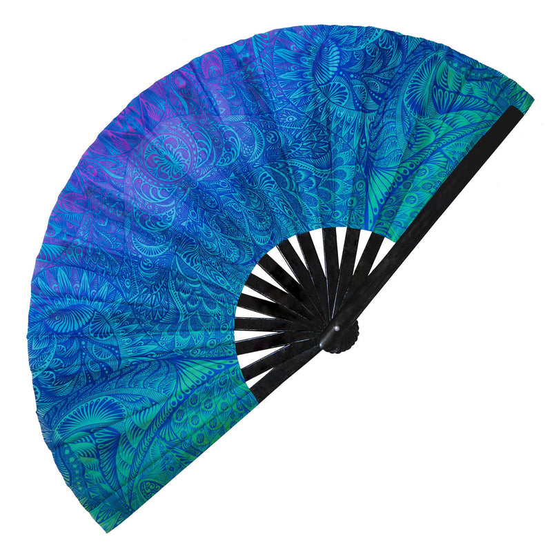 Manta Ray Tribal UV glow hand fan Large blue folding fan for festivals Chinese Fan Clack fan Graphic Hand fan