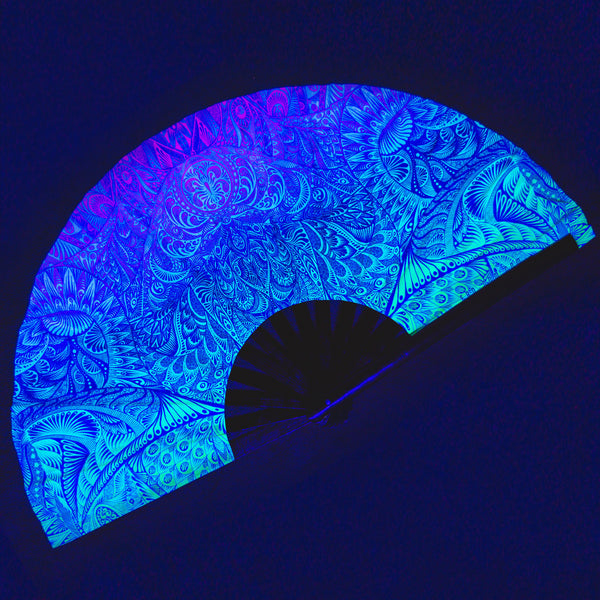 Manta Ray Tribal UV glow hand fan Large blue folding fan for festivals Chinese Fan Clack fan Graphic Hand fan