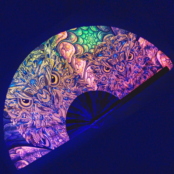 Owl hand fan Owl art folding fan UV reflective hand fan Blacklight rave fan No Sleep hand fan