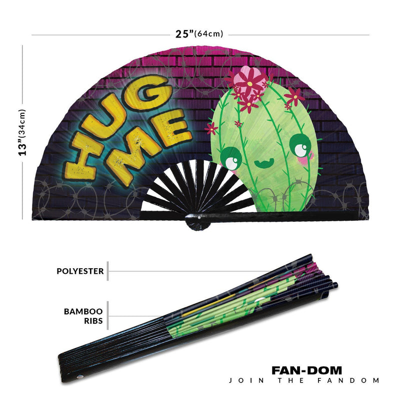 Hug Me UV Glow Handheld Fan Cactus Hug Me Foldable Bamboo Hand Fan for Men and Women Free Hugs Chinese Bamboo Fan for Parties, Raves and Events