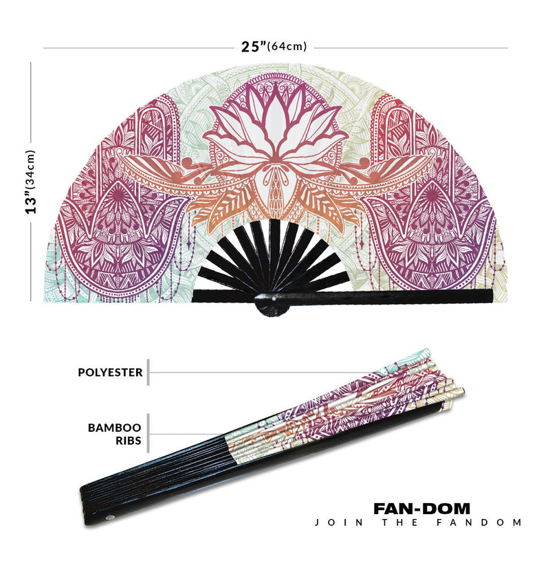 Bohemian Lotus Zen Folding Hand Fan | Boho Mandala Fan Trippy Yoga Fans Iridescent Hippie Theme Fan for Men and Women Chinese Bamboo Fan for Parties and Events