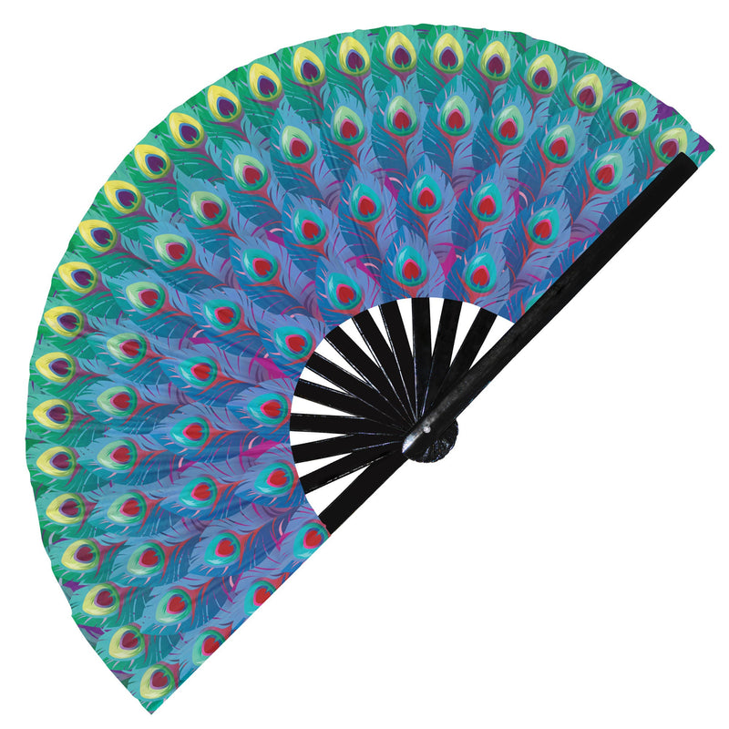 Peacock Print Pattern UV Glow Foldable Hand Fan | Peacock Feather Print Pattern Handheld Fan Animal Peacock Wing Fan for Animal Print Lovers
