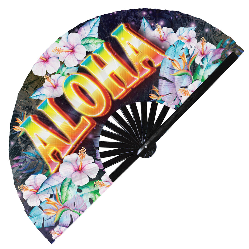 Hand Fan Aloha Hawaii UV Glow  Maui Aloha Folding Hand Fan Tropical Aloha Handheld Fan Tropics Honolulu Aloha Chinese Bamboo Hand Fan