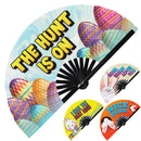 Easter Bunny Egg Fan UV Glow Hand Fan Easter Bunny Pun Fan The Hunt is On Nice Buns Show me The Bunny I Have The Best Eggs Hand Fan