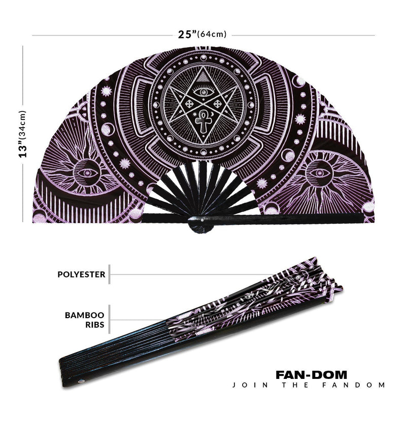 Magic Spell Circle Hand Fan - Golden Mystical Alchemy Witchcraft Circular Emblems Occult Geometry Witchcraft Signs Fan UV Glow Foldable Handheld Fan