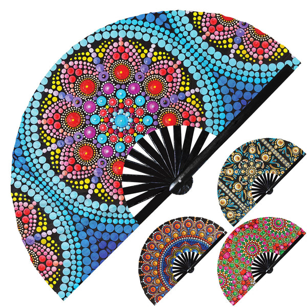Mandala Dot Tapestry Pattern Bohemian Mandala Dot Painting Hippie dot Decor UV Glow Foldable Handheld Fan