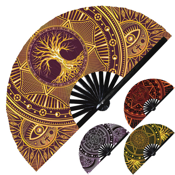 magic spell hand fan circle golden mystical alchemy witchcraft artwork geometry folding fan magic handheld fan