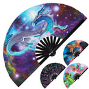 Dragon Fan - Cute Flying Fire Breathing Dragons - Chinese Dragon - Mystical Dragon Fan UV Glow Foldable Handheld Rave Party Festival Circuit Event Fan