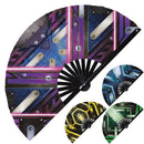 Cyberpunk UV Glow Handheld Fan Techno Fan Futuristic Foldable Bamboo Hand Fan high tech Metallic Metal Theme Fan for Men and Women Chinese Bamboo Fan for Parties Rave Festival and Events