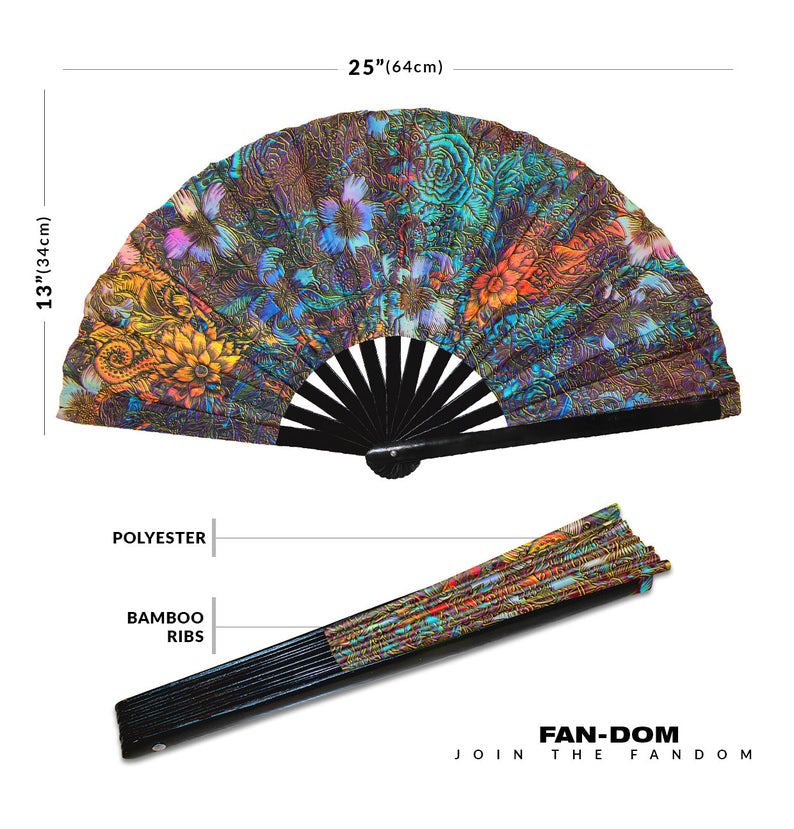 Custom Hand fan UV glow | Bulk handheld bamboo fans for events - wedding fans, festival, rave circuit and party personalized customized foldable fan