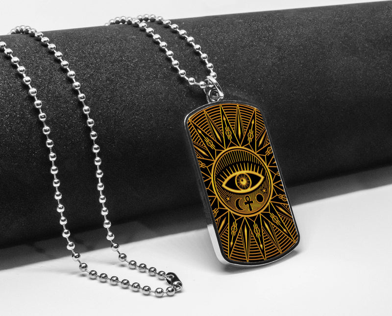 Magic Spell Circle Golden Mystical Alchemy Witchcraft Dog Tag Necklace Circular Emblems Occult Geometry Witchcraft Signs Military Pendant