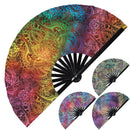 Wolf Hand fan UV glow Iridescent Rainbow Boho fan Tattoo Art large hand fan Bohemian fan UV reactive fans Trippy hand fan Rave fan