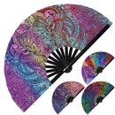 Wolf Hand fan UV glow Iridescent Rainbow Snap fan Tattoo Art large hand fan Japanese fan UV reactive fans Trippy hand fan Rave fan
